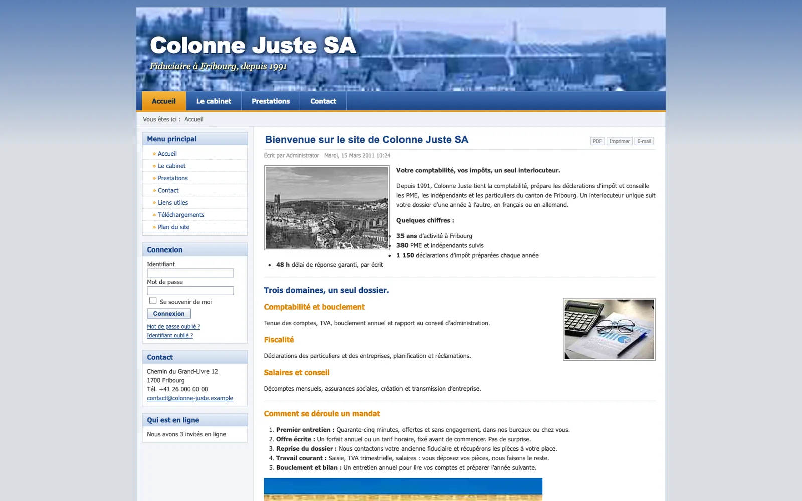 Vue « Accueil » du site d'origine de Colonne Juste (fiduciaire, Fribourg), avant la refonte