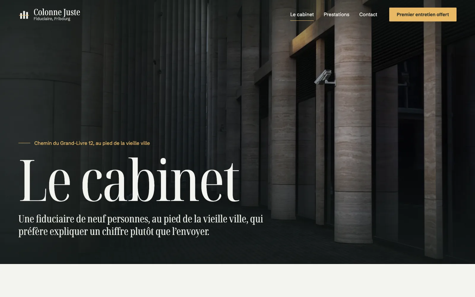 Vue « Présentation » de la refonte de Colonne Juste (fiduciaire, Fribourg)