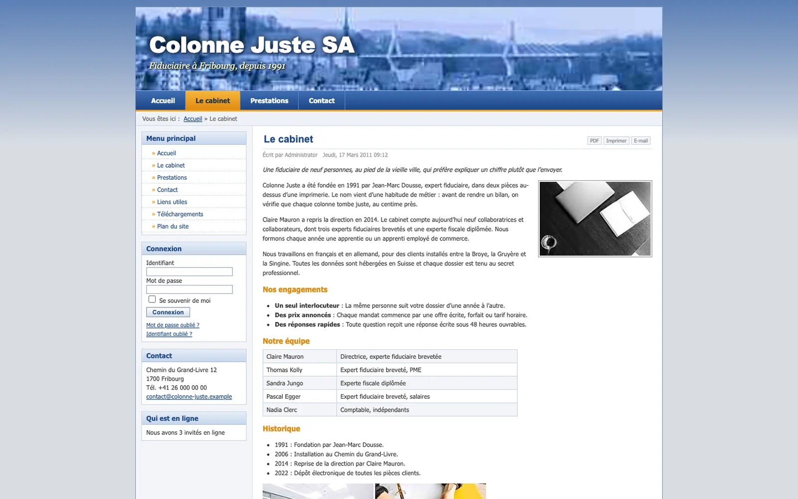 Vue « Présentation » du site d'origine de Colonne Juste (fiduciaire, Fribourg), avant la refonte
