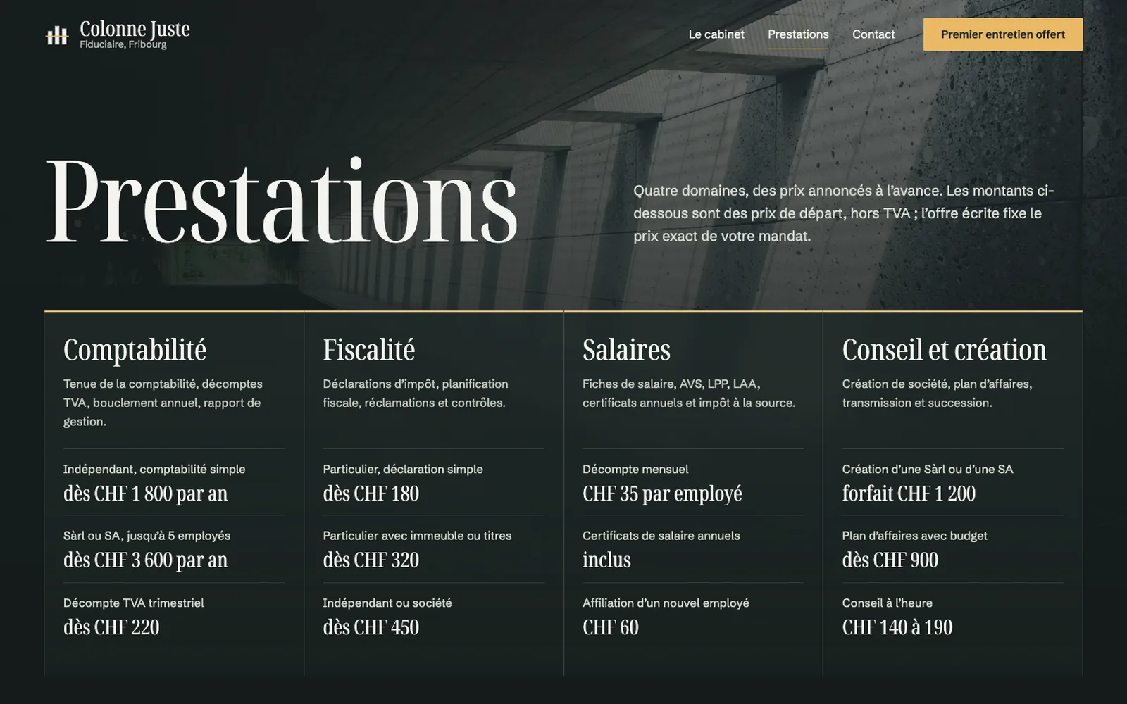Vue « Prestations » de la refonte de Colonne Juste (fiduciaire, Fribourg)