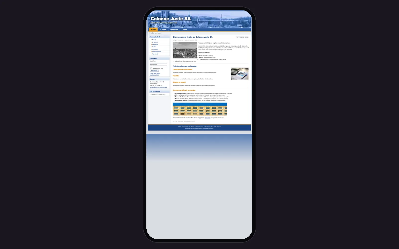 Vue « Accueil sur téléphone » du site d'origine de Colonne Juste (fiduciaire, Fribourg), avant la refonte, dans un cadre de téléphone