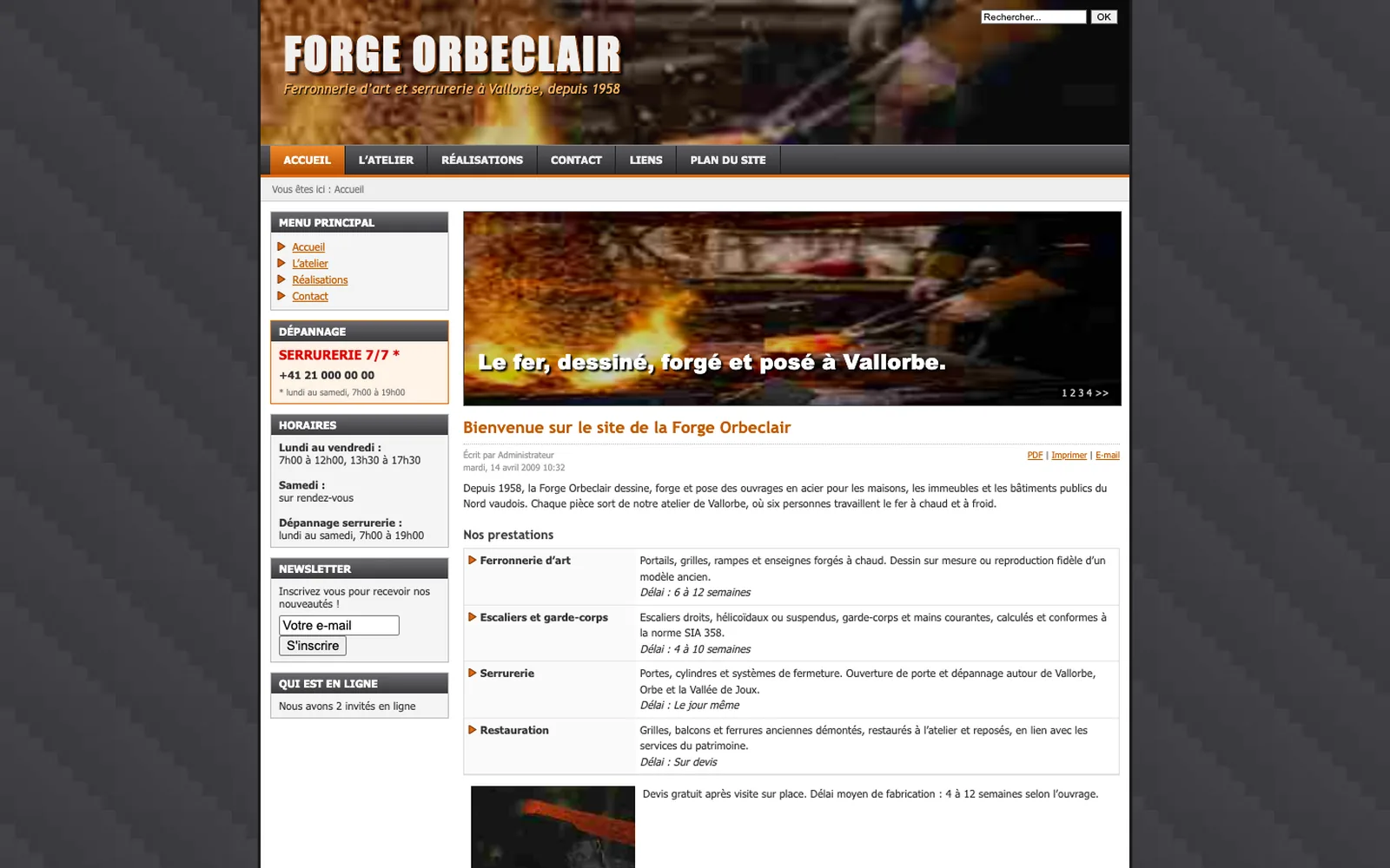 Vue « Accueil » du site d'origine de Forge Orbeclair (atelier de ferronnerie d'art et serrurerie, Vallorbe), avant la refonte