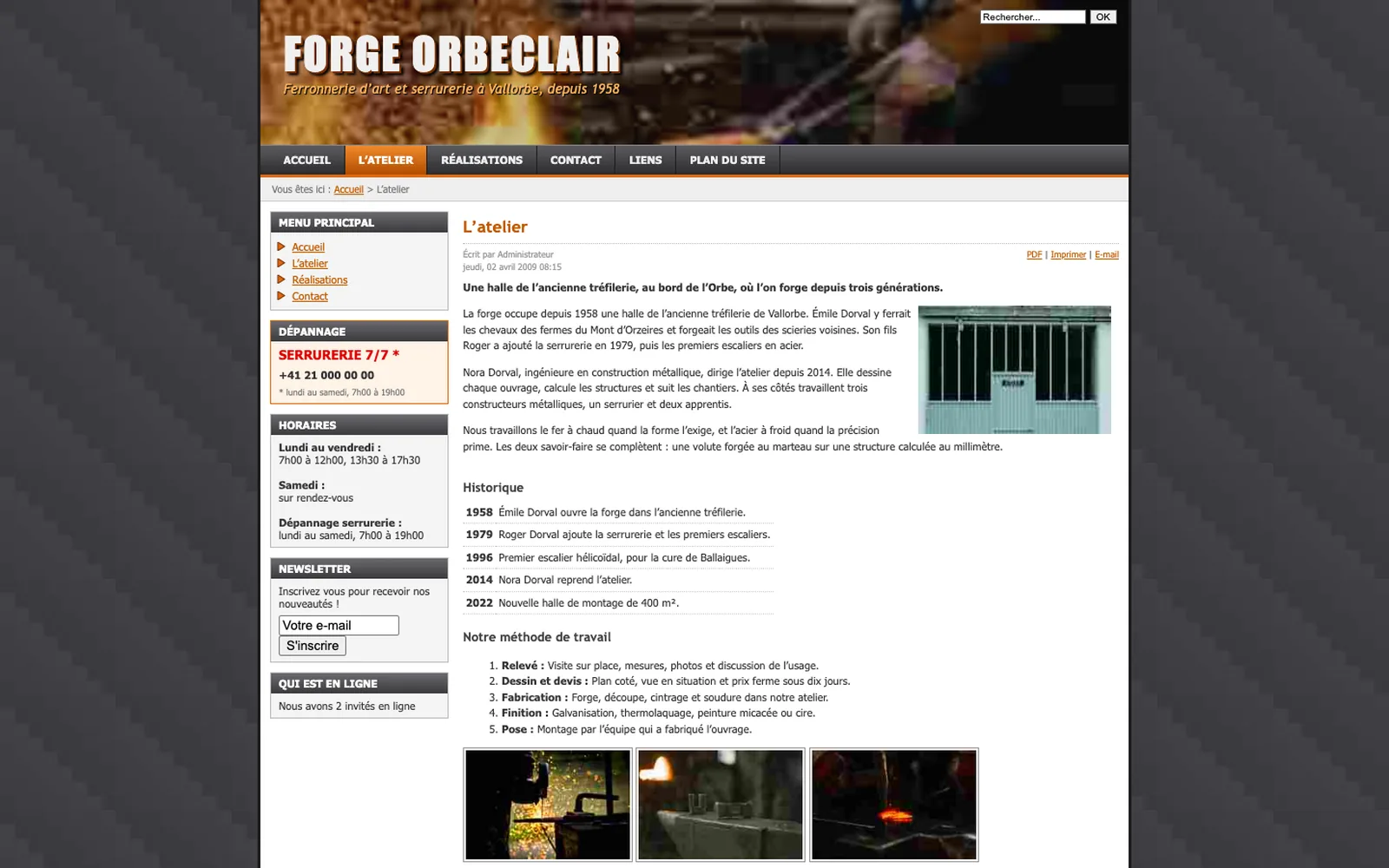 Vue « Présentation » du site d'origine de Forge Orbeclair (atelier de ferronnerie d'art et serrurerie, Vallorbe), avant la refonte