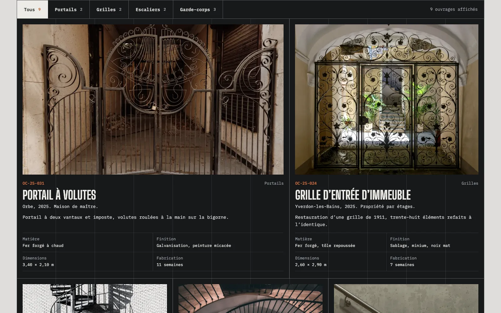 Vue « Réalisations » de la refonte de Forge Orbeclair (atelier de ferronnerie d'art et serrurerie, Vallorbe)