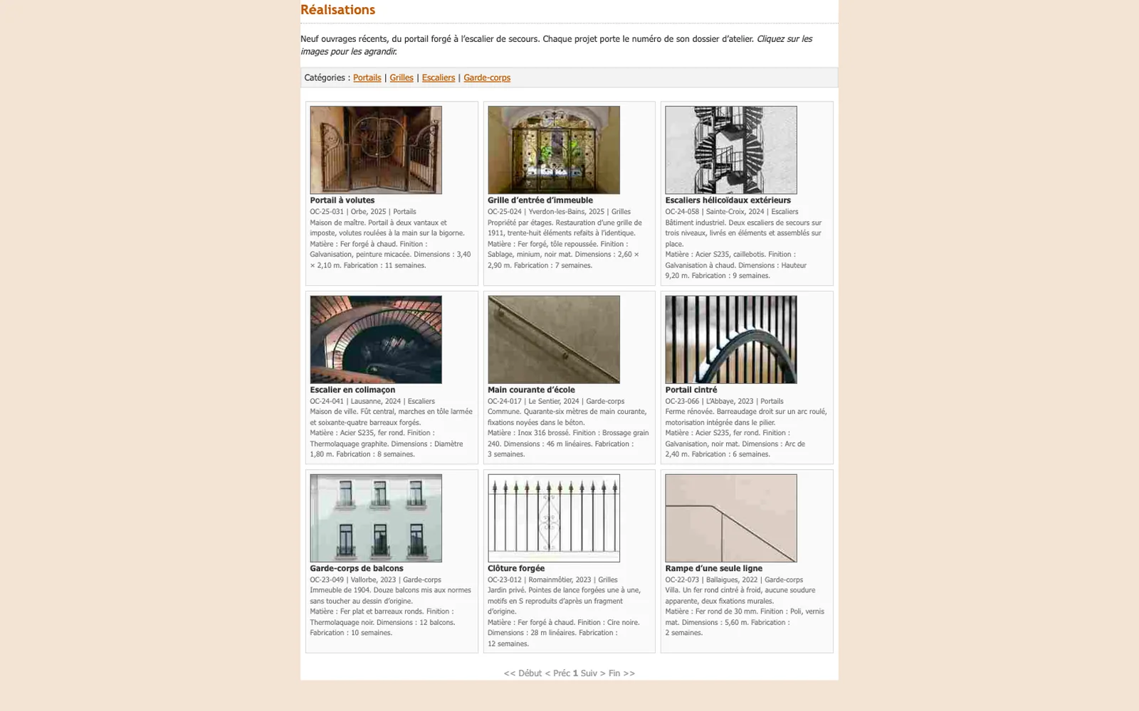 Vue « Réalisations » du site d'origine de Forge Orbeclair (atelier de ferronnerie d'art et serrurerie, Vallorbe), avant la refonte