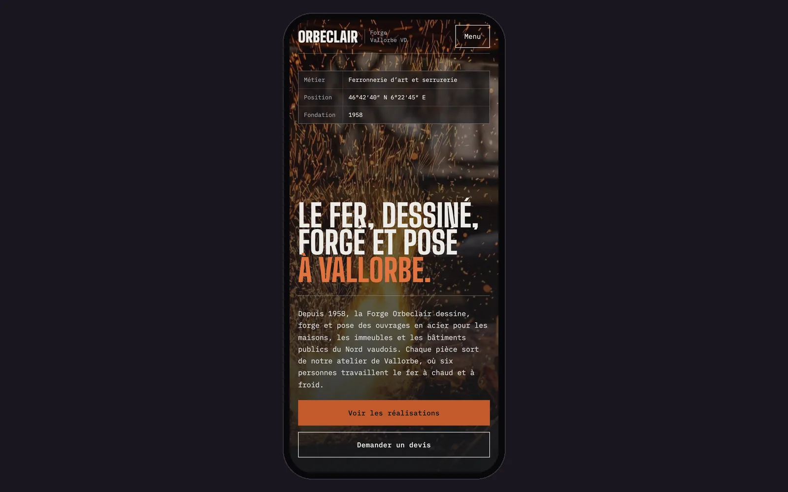 Vue « Accueil sur téléphone » de la refonte de Forge Orbeclair (atelier de ferronnerie d'art et serrurerie, Vallorbe), dans un cadre de téléphone