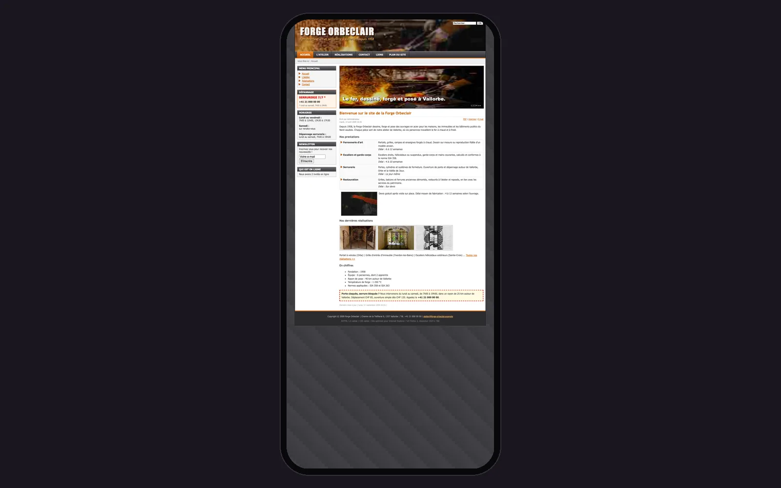 Vue « Accueil sur téléphone » du site d'origine de Forge Orbeclair (atelier de ferronnerie d'art et serrurerie, Vallorbe), avant la refonte, dans un cadre de téléphone