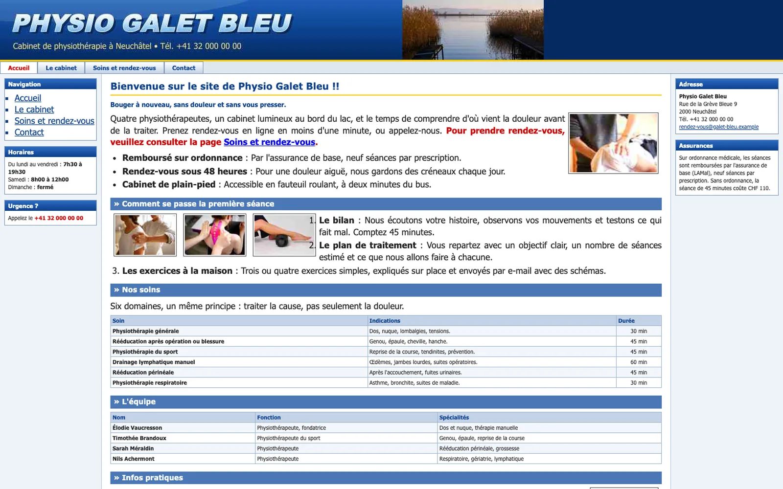Vue « Accueil » du site d'origine de Physio Galet Bleu (physiothérapie, Neuchâtel), avant la refonte