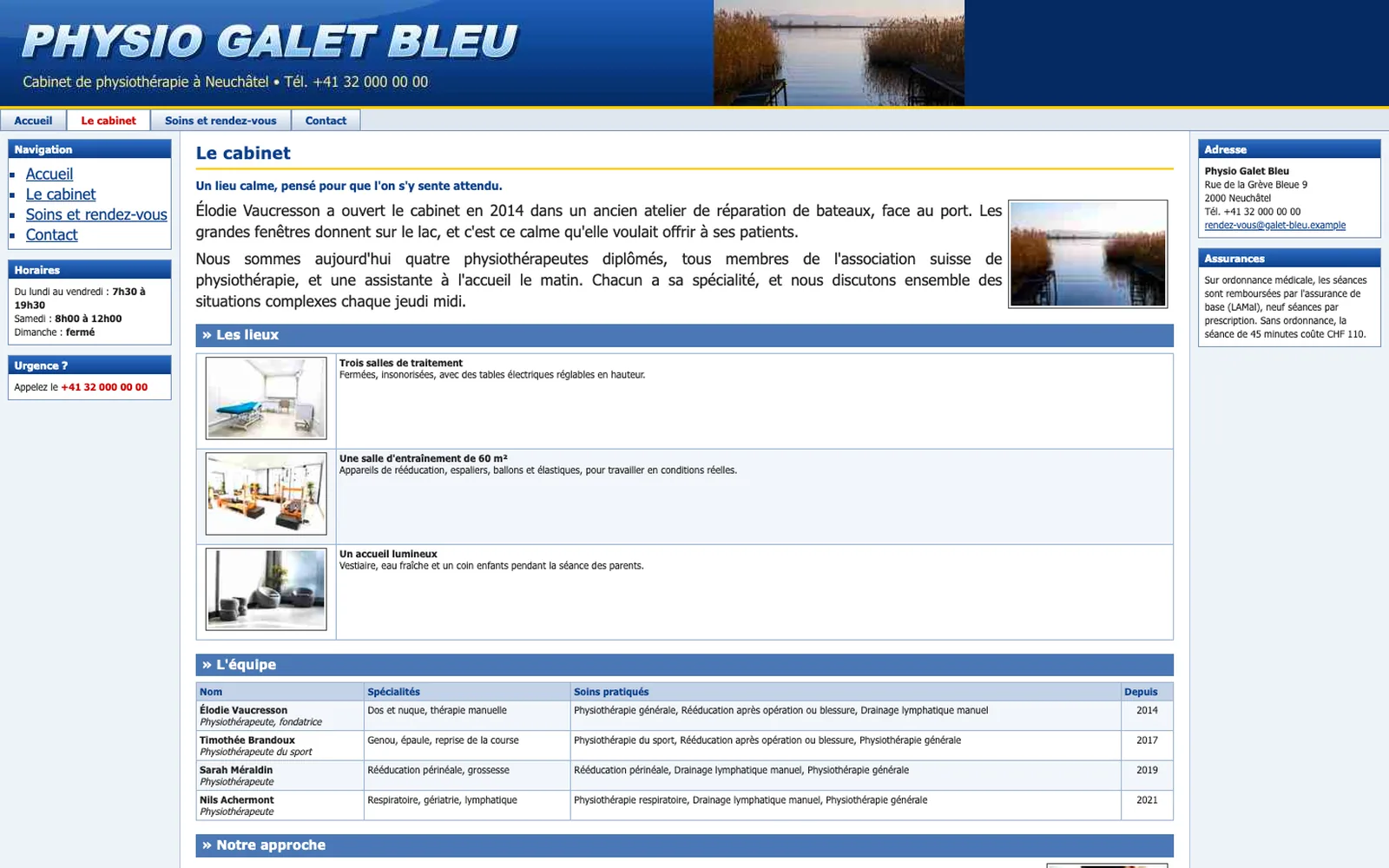 Vue « Présentation » du site d'origine de Physio Galet Bleu (physiothérapie, Neuchâtel), avant la refonte