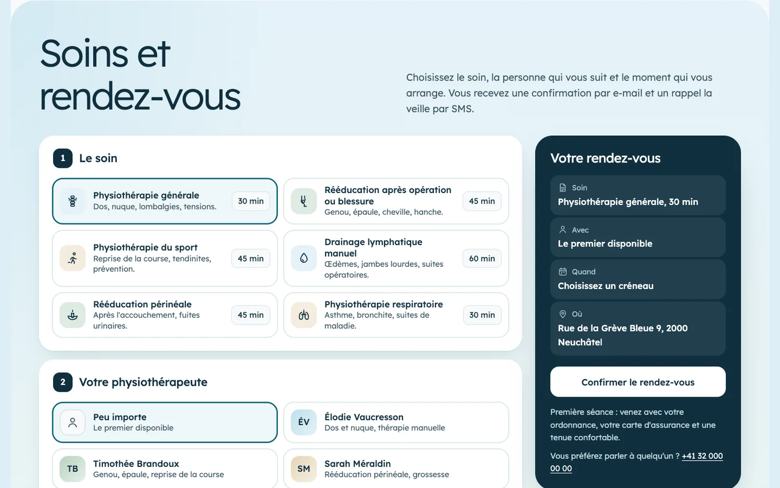 Vue « Soins et rendez-vous » de la refonte de Physio Galet Bleu (physiothérapie, Neuchâtel)