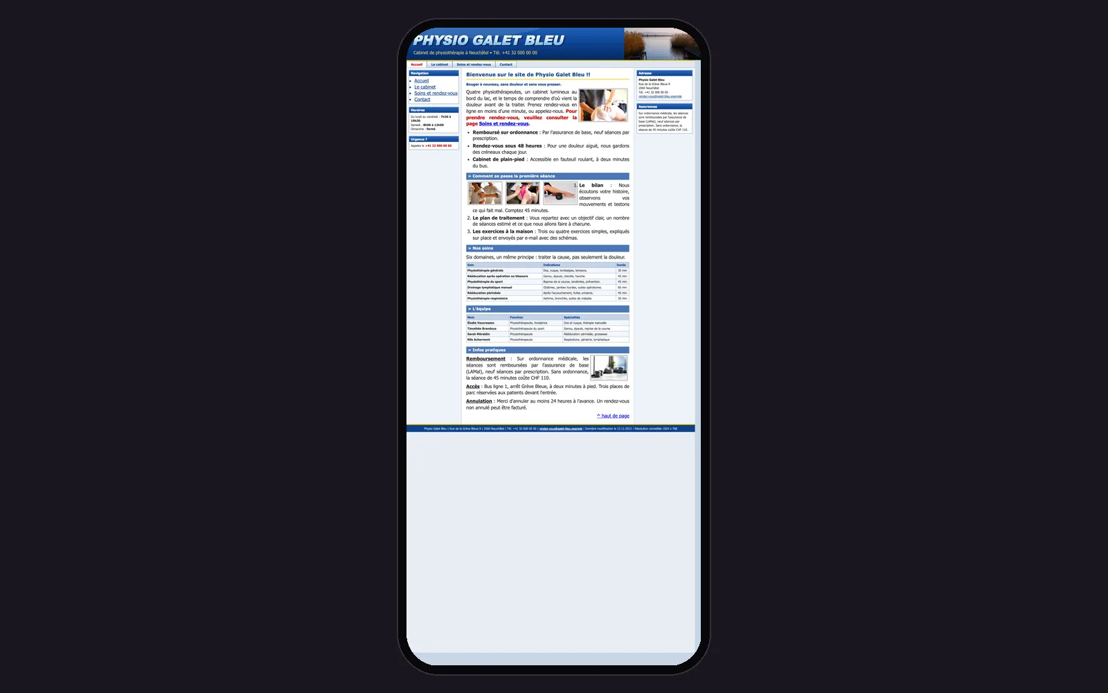 Vue « Accueil sur téléphone » du site d'origine de Physio Galet Bleu (physiothérapie, Neuchâtel), avant la refonte, dans un cadre de téléphone
