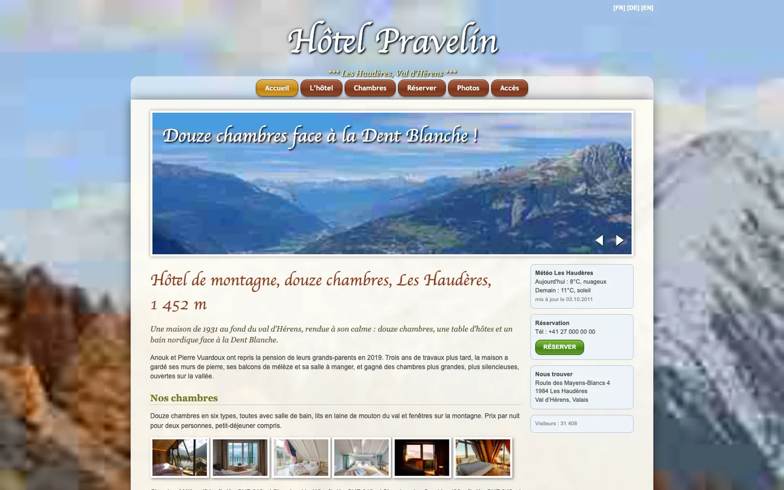 Vue « Accueil » du site d'origine de Hôtel Pravelin (hôtel boutique de montagne, Les Haudères), avant la refonte