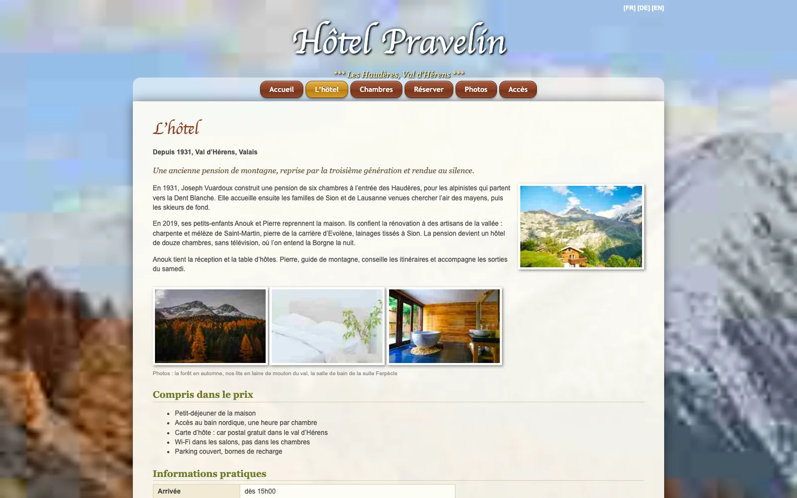 Vue « Présentation » du site d'origine de Hôtel Pravelin (hôtel boutique de montagne, Les Haudères), avant la refonte