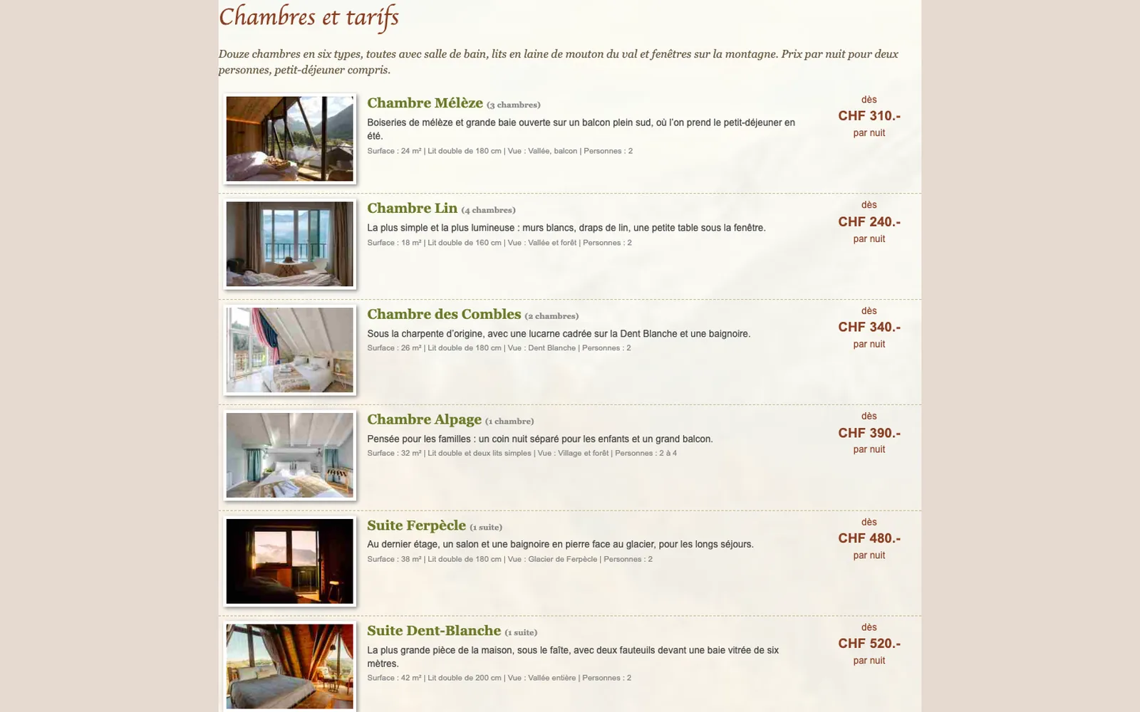 Vue « Chambres » du site d'origine de Hôtel Pravelin (hôtel boutique de montagne, Les Haudères), avant la refonte