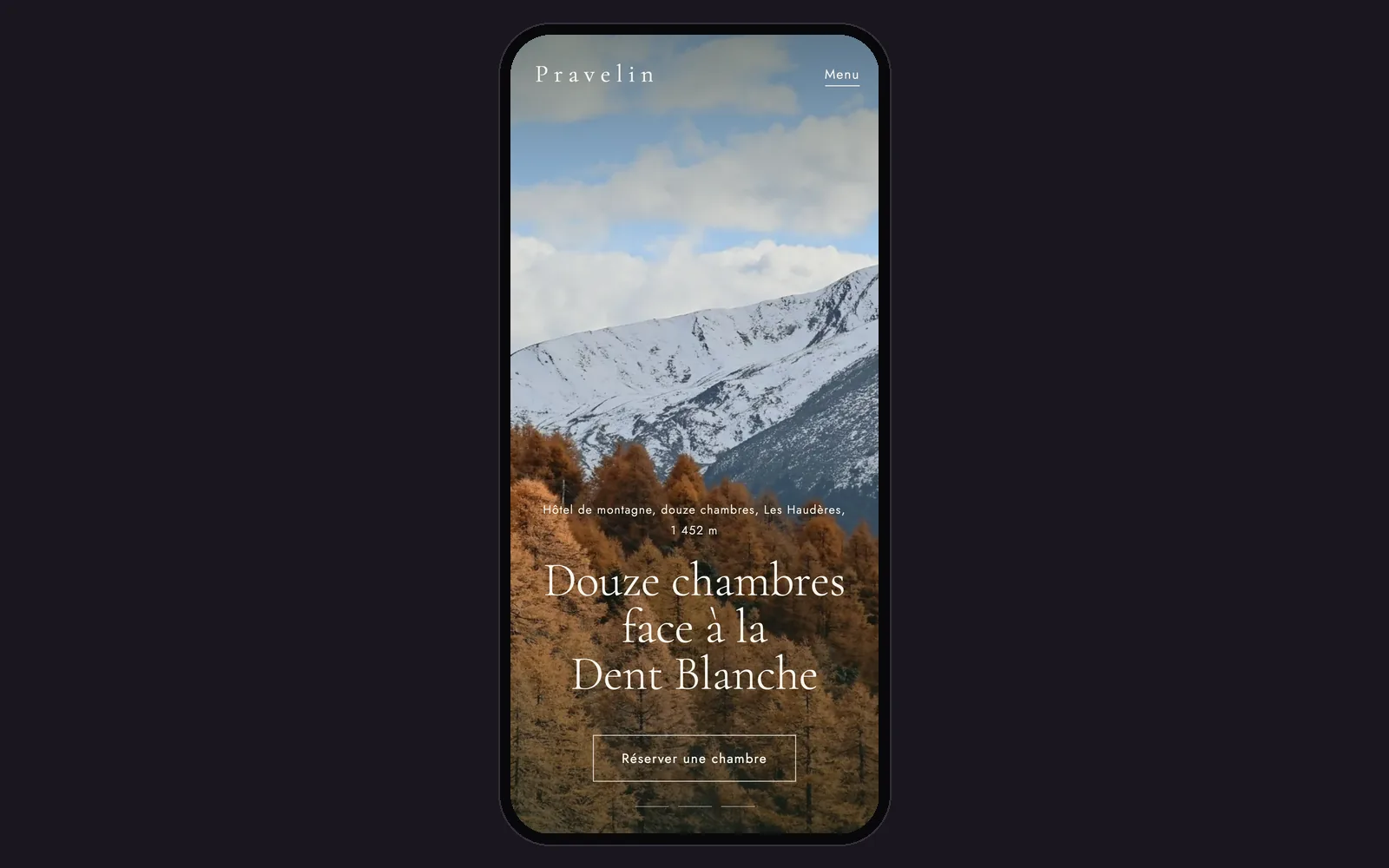 Vue « Accueil sur téléphone » de la refonte de Hôtel Pravelin (hôtel boutique de montagne, Les Haudères), dans un cadre de téléphone