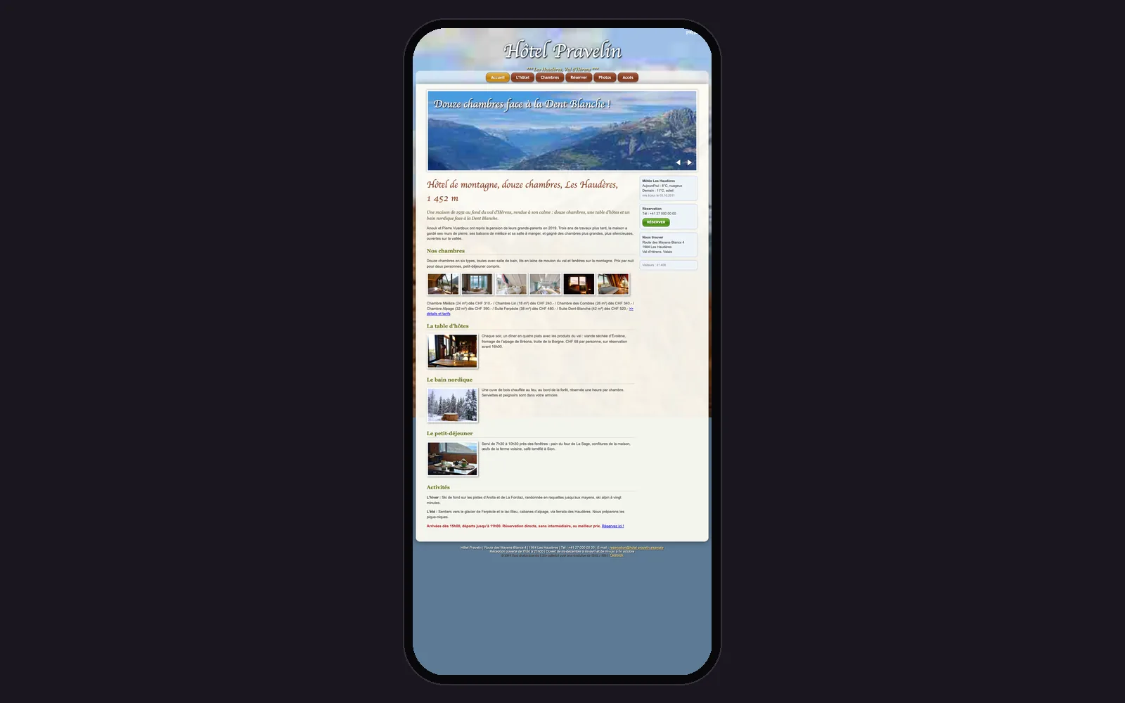 Vue « Accueil sur téléphone » du site d'origine de Hôtel Pravelin (hôtel boutique de montagne, Les Haudères), avant la refonte, dans un cadre de téléphone