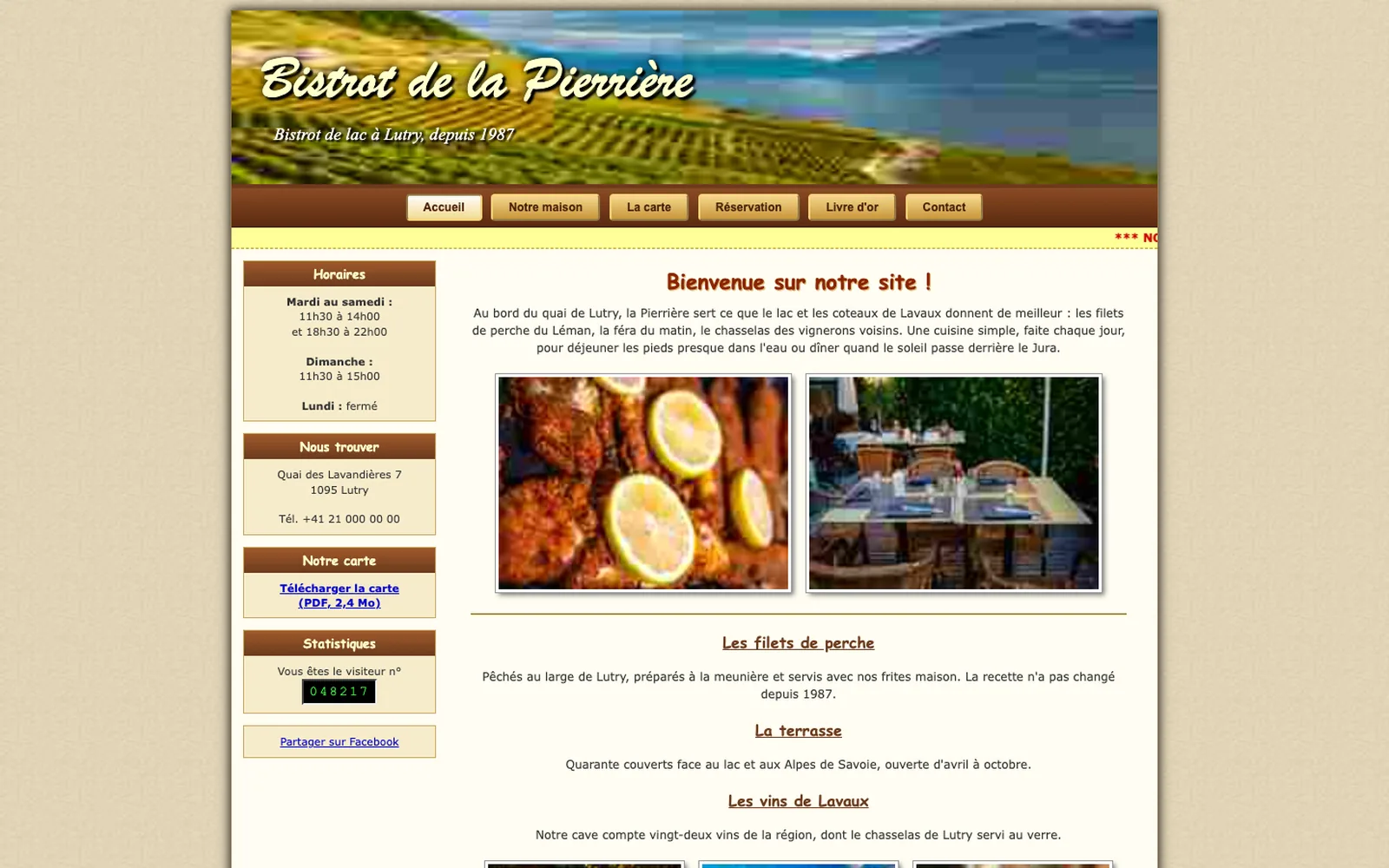 Vue « Accueil » du site d'origine de Bistrot de la Pierrière (restaurant, Lutry), avant la refonte