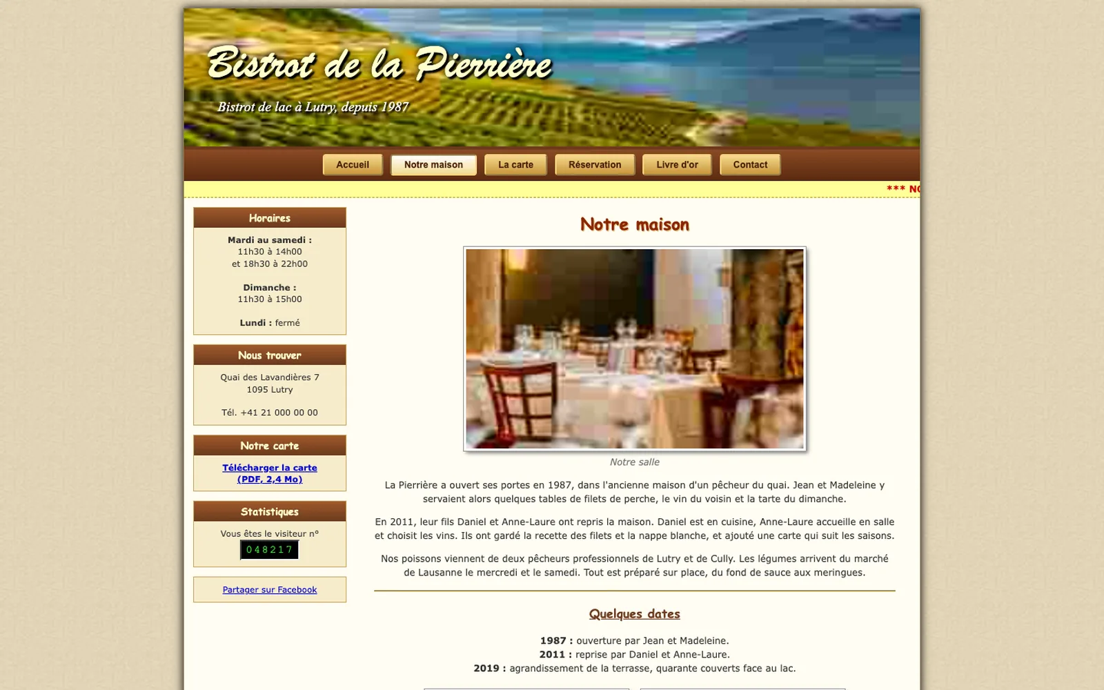 Vue « Présentation » du site d'origine de Bistrot de la Pierrière (restaurant, Lutry), avant la refonte