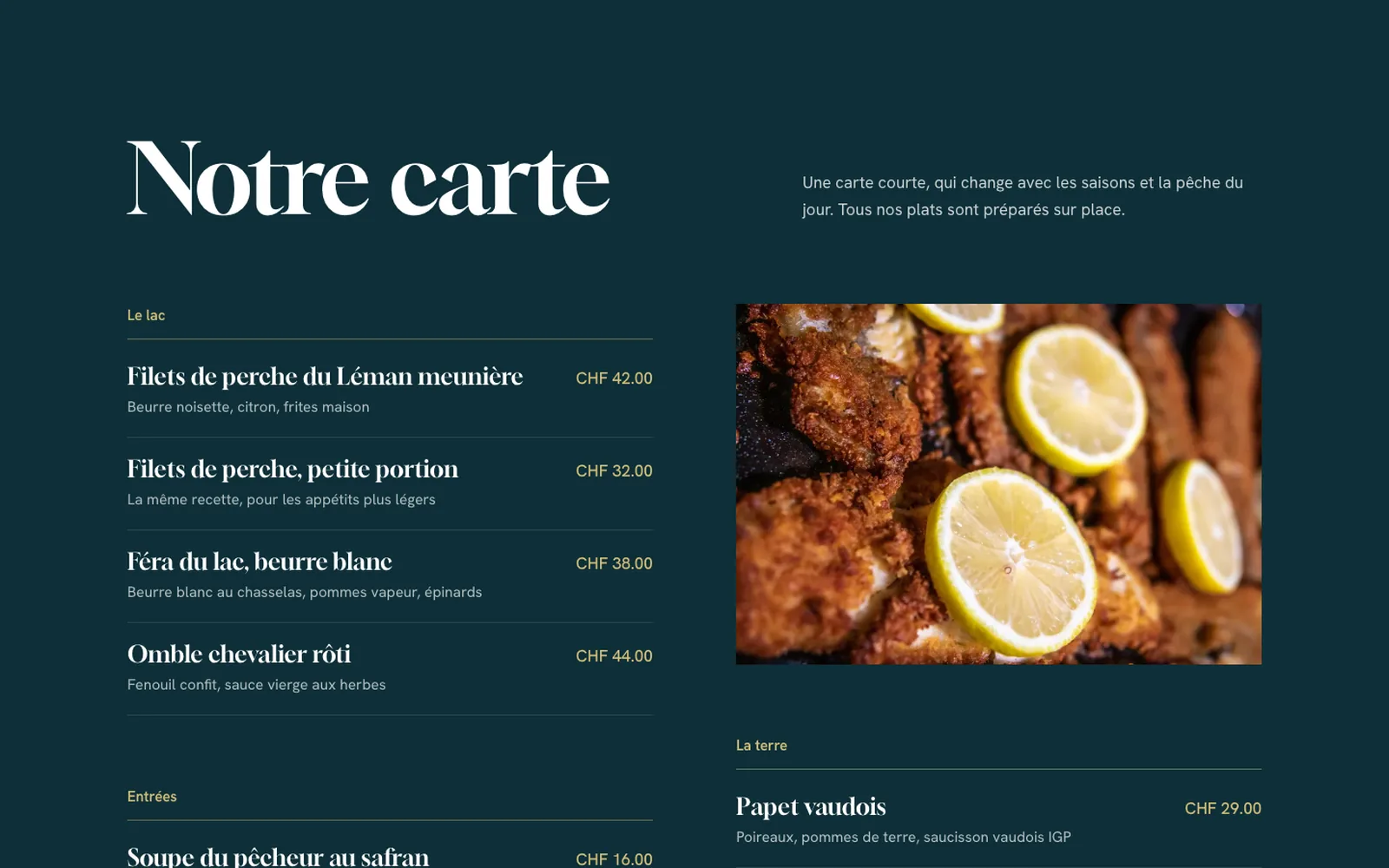 Vue « La carte » de la refonte de Bistrot de la Pierrière (restaurant, Lutry)