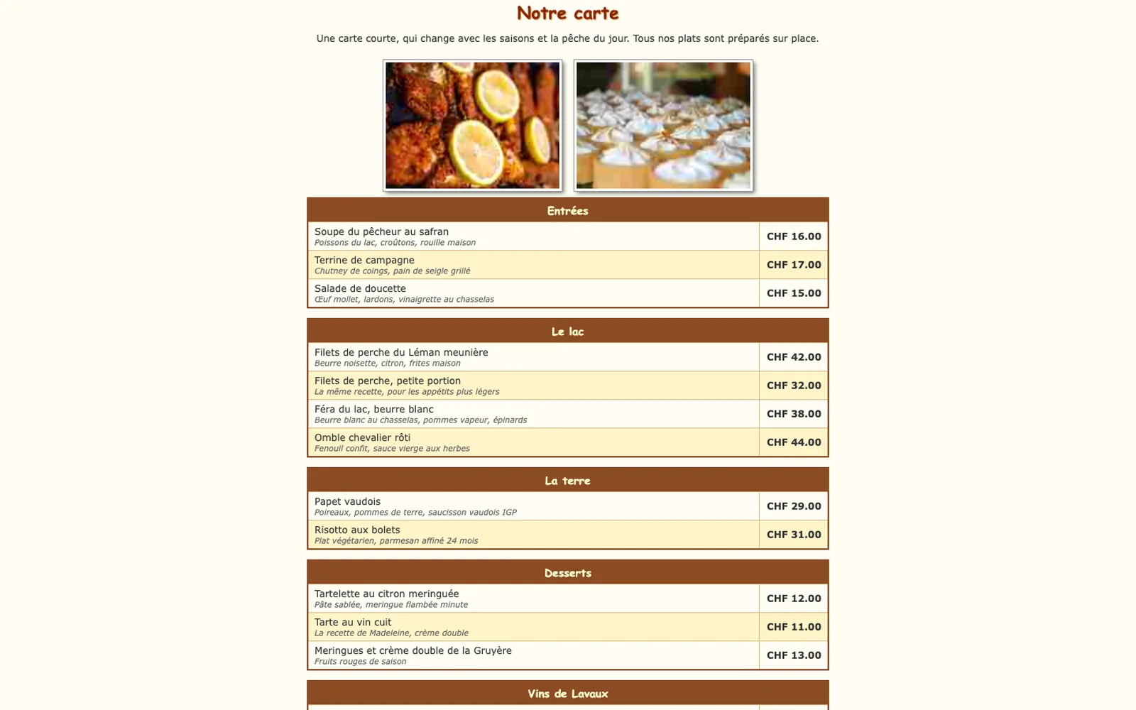 Vue « La carte » du site d'origine de Bistrot de la Pierrière (restaurant, Lutry), avant la refonte