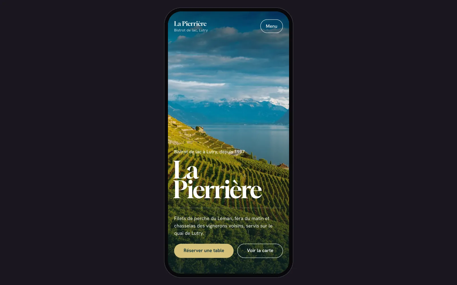 Vue « Accueil sur téléphone » de la refonte de Bistrot de la Pierrière (restaurant, Lutry), dans un cadre de téléphone