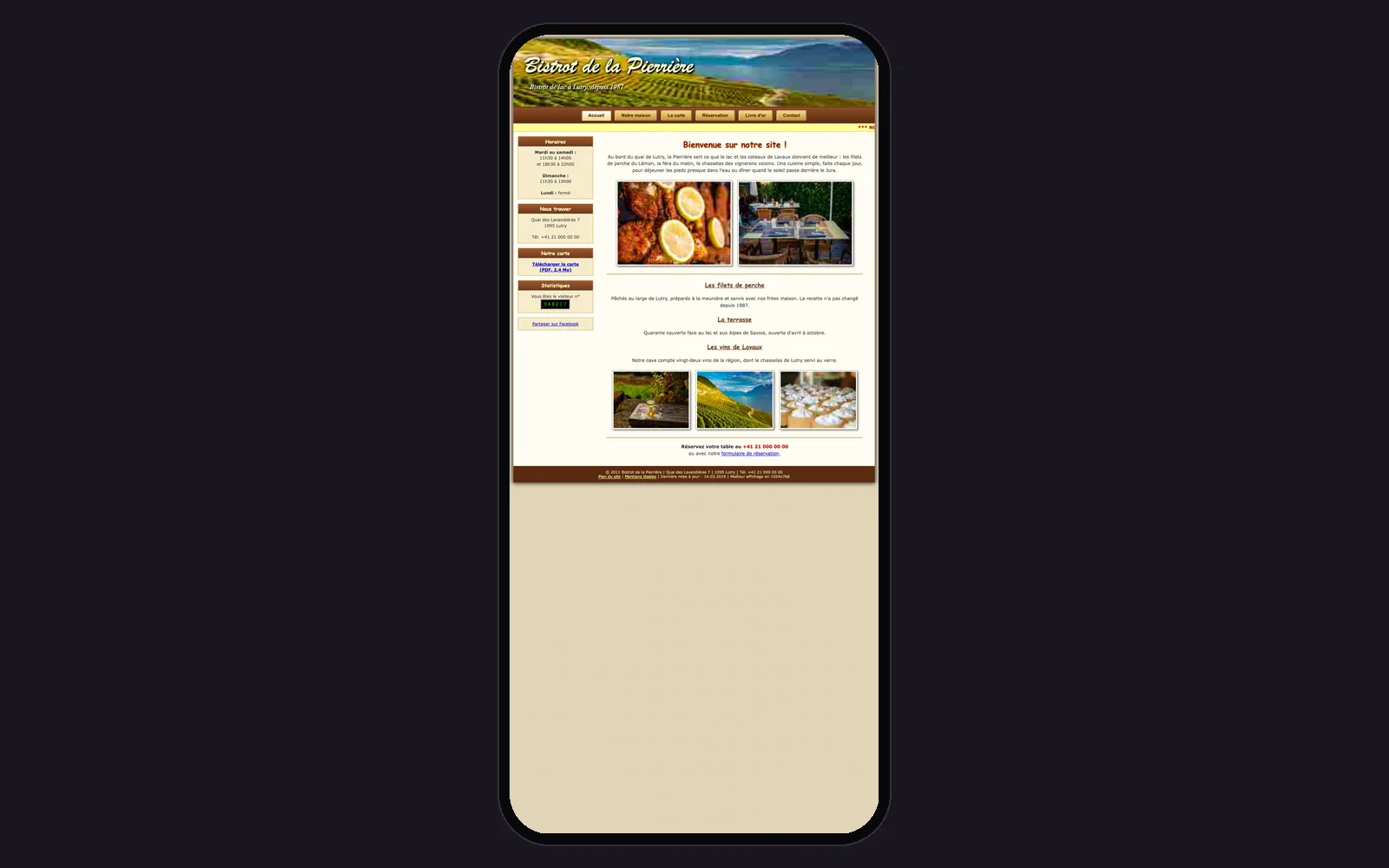 Vue « Accueil sur téléphone » du site d'origine de Bistrot de la Pierrière (restaurant, Lutry), avant la refonte, dans un cadre de téléphone