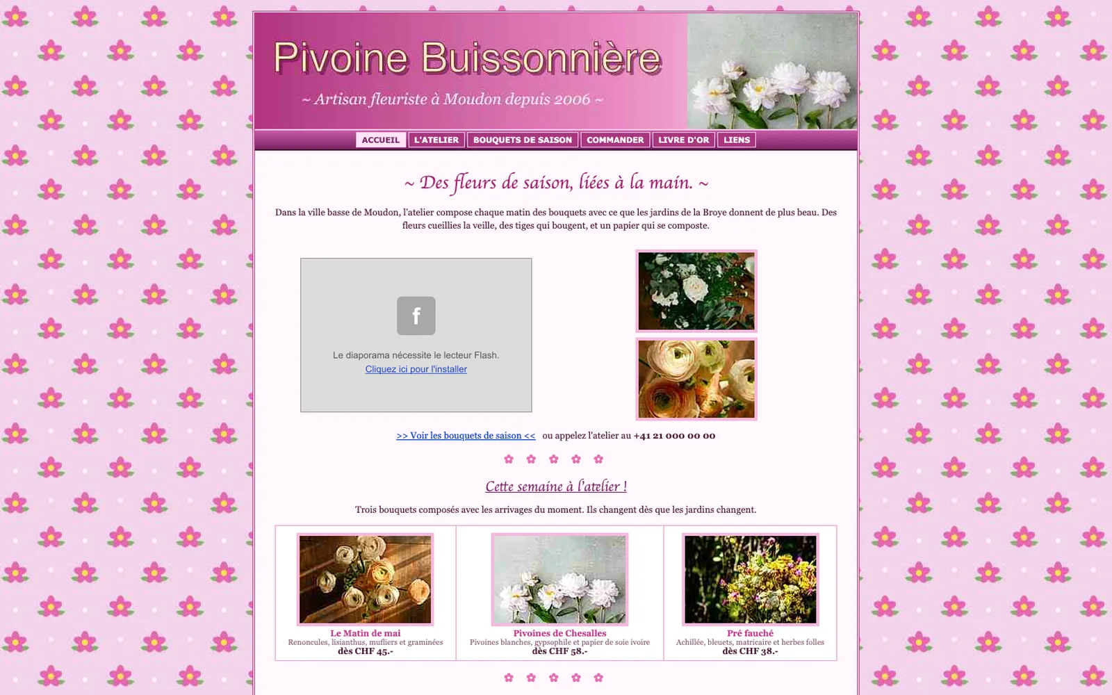 Vue « Accueil » du site d'origine de Pivoine Buissonnière (fleuriste, Moudon), avant la refonte