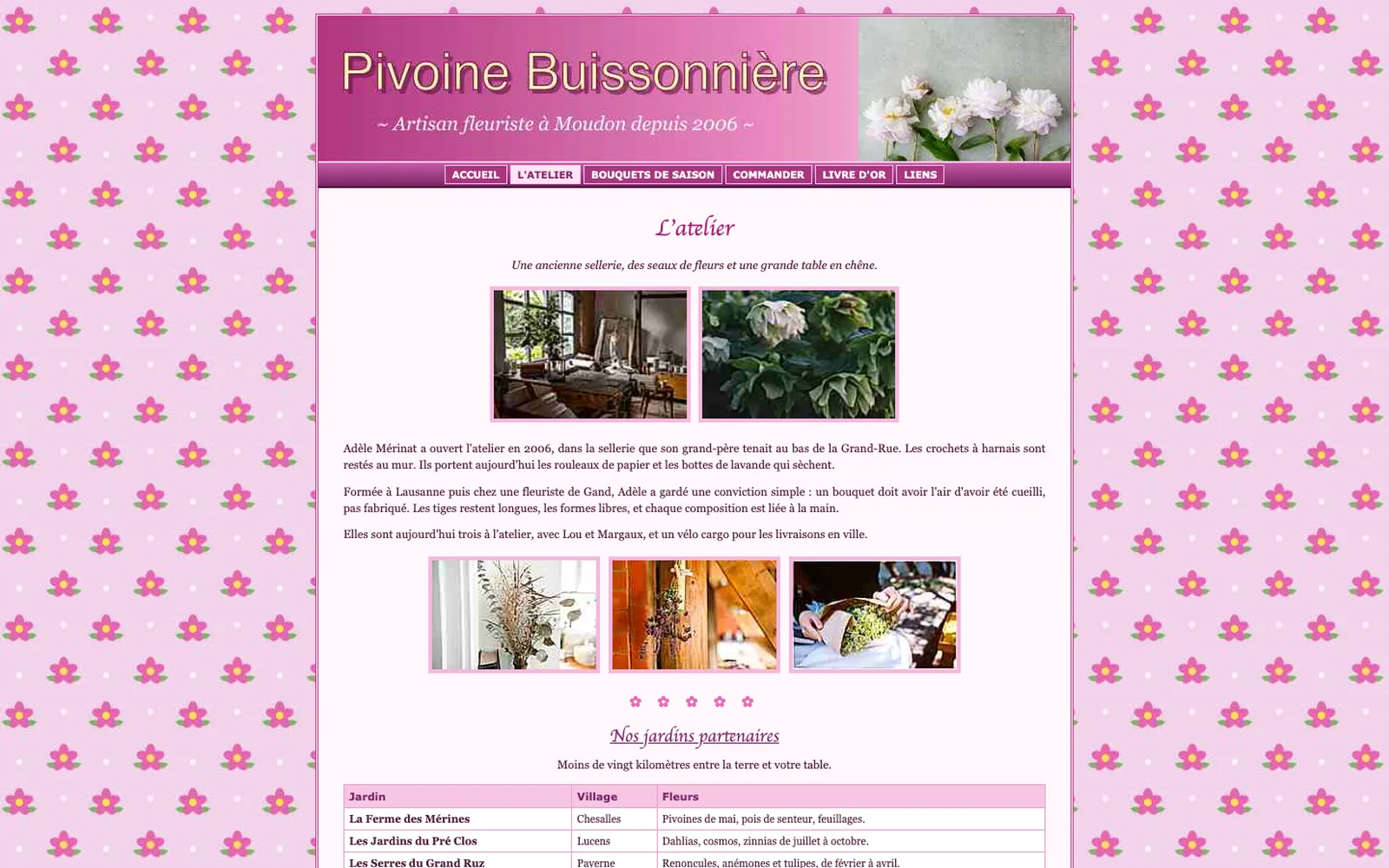 Vue « Présentation » du site d'origine de Pivoine Buissonnière (fleuriste, Moudon), avant la refonte