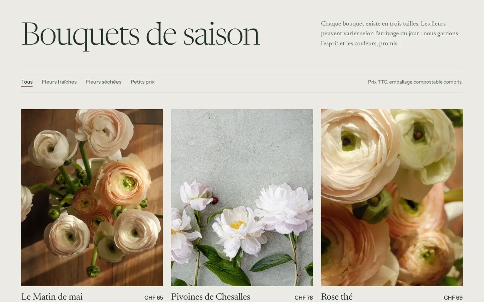 Vue « Bouquets de saison » de la refonte de Pivoine Buissonnière (fleuriste, Moudon)