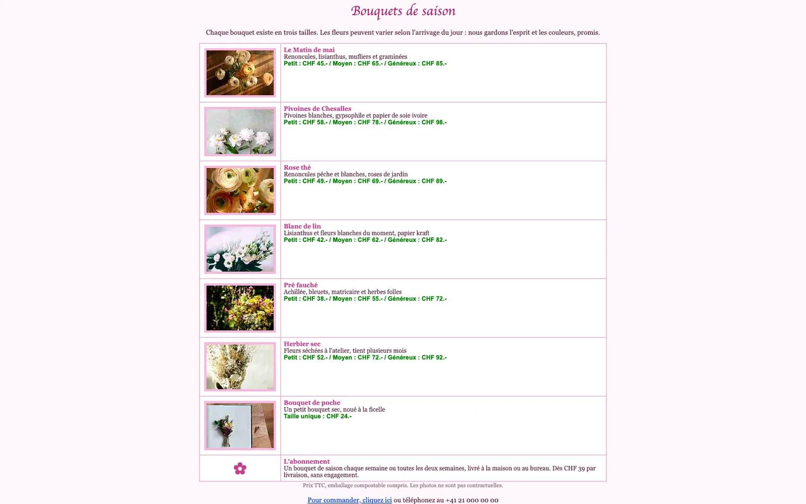 Vue « Bouquets de saison » du site d'origine de Pivoine Buissonnière (fleuriste, Moudon), avant la refonte