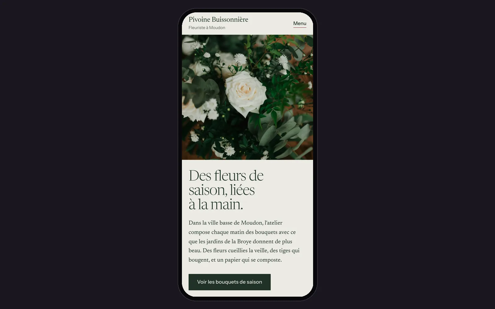 Vue « Accueil sur téléphone » de la refonte de Pivoine Buissonnière (fleuriste, Moudon), dans un cadre de téléphone