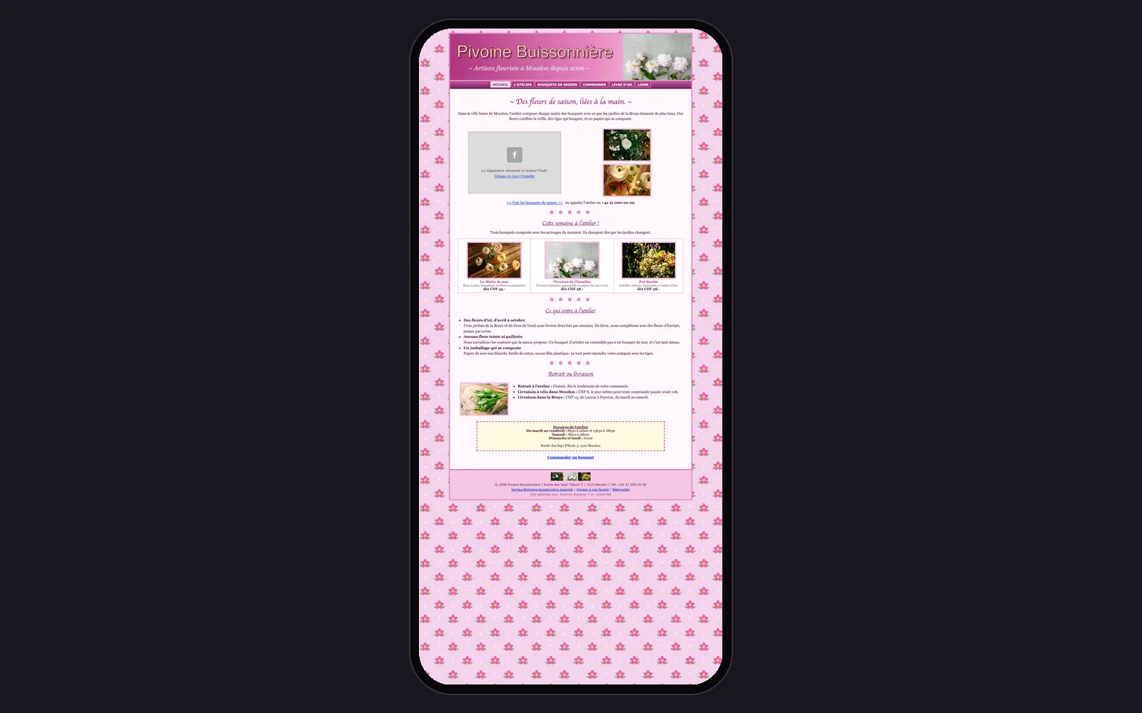 Vue « Accueil sur téléphone » du site d'origine de Pivoine Buissonnière (fleuriste, Moudon), avant la refonte, dans un cadre de téléphone