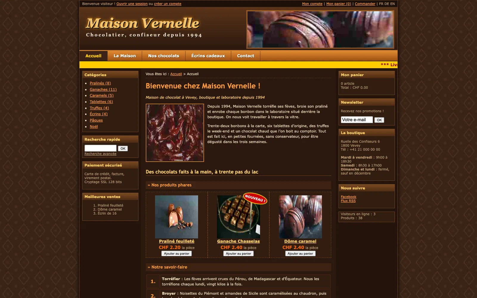 Vue « Accueil » du site d'origine de Maison Vernelle (chocolatier artisan, Vevey), avant la refonte