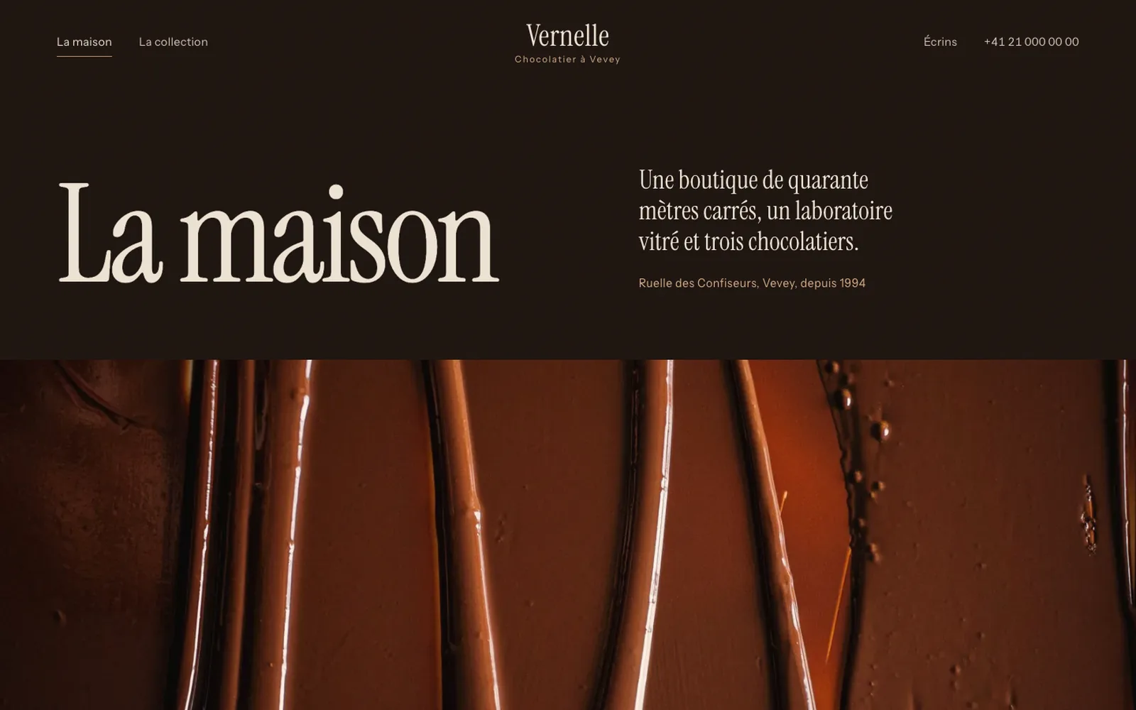 Vue « Présentation » de la refonte de Maison Vernelle (chocolatier artisan, Vevey)