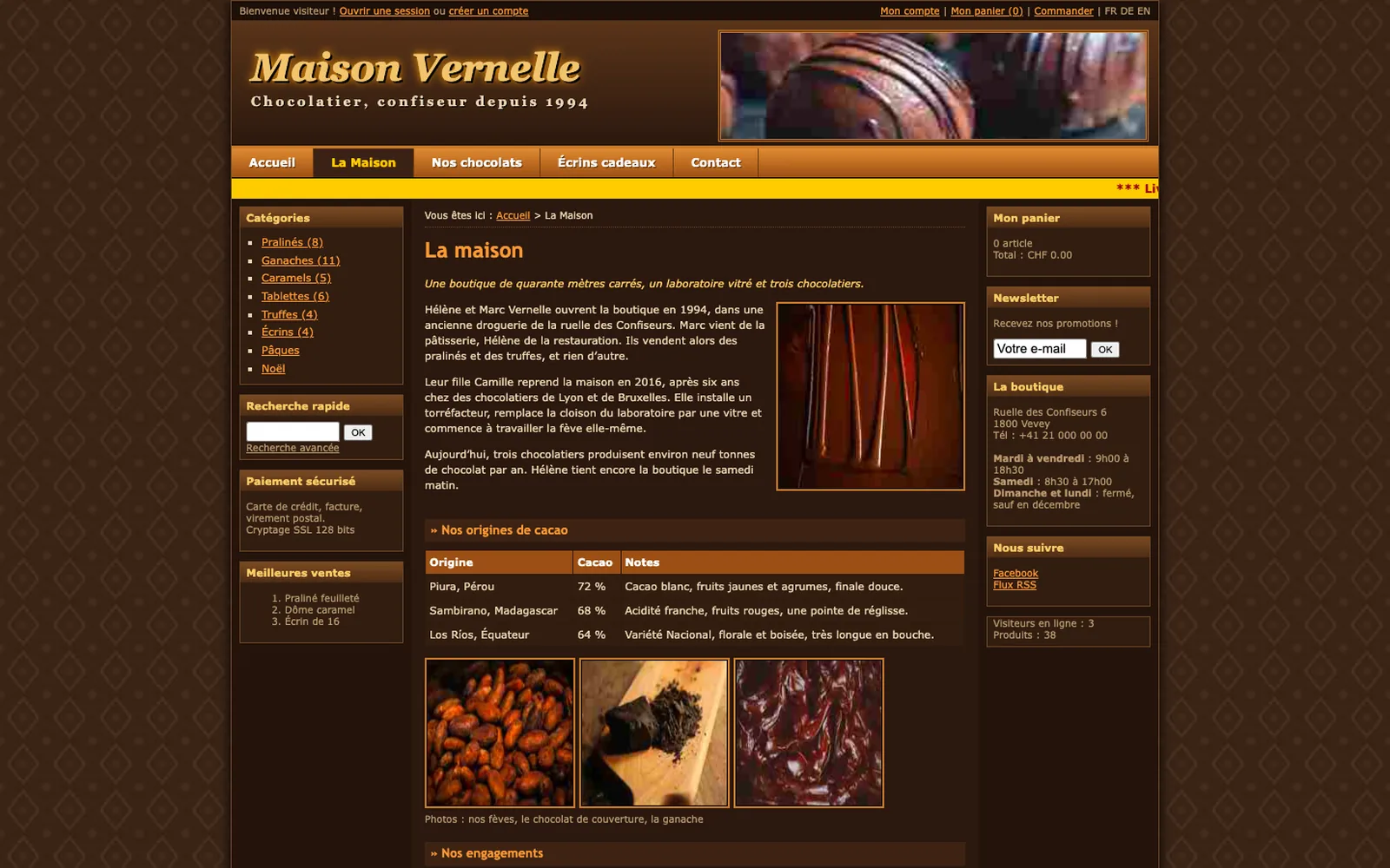 Vue « Présentation » du site d'origine de Maison Vernelle (chocolatier artisan, Vevey), avant la refonte