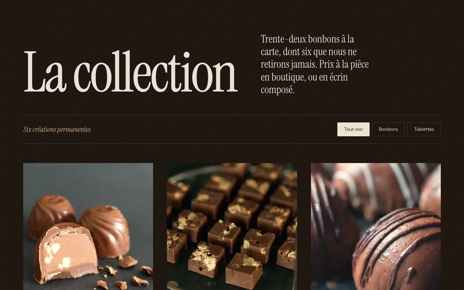 Vue « La collection » de la refonte de Maison Vernelle (chocolatier artisan, Vevey)