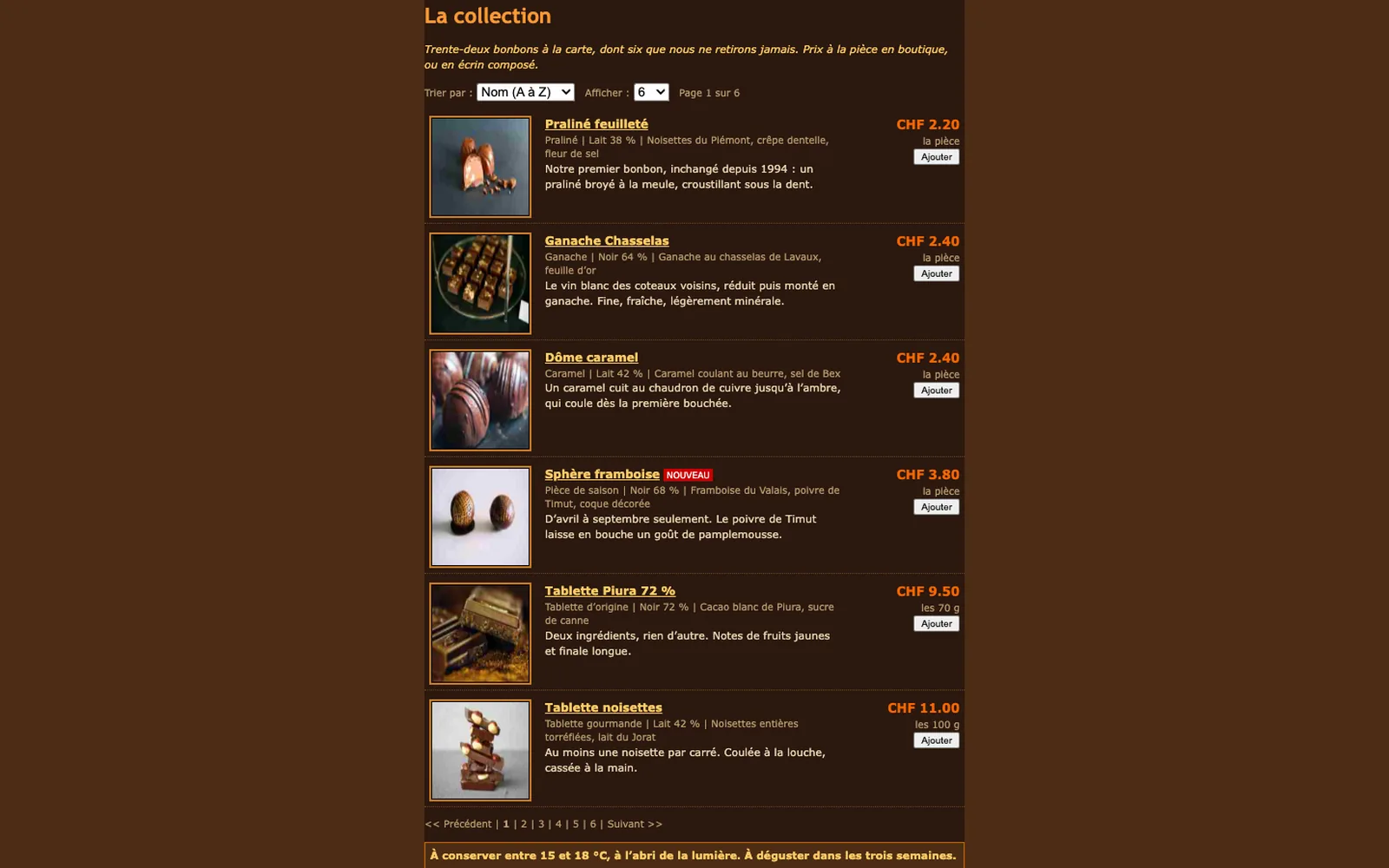 Vue « La collection » du site d'origine de Maison Vernelle (chocolatier artisan, Vevey), avant la refonte