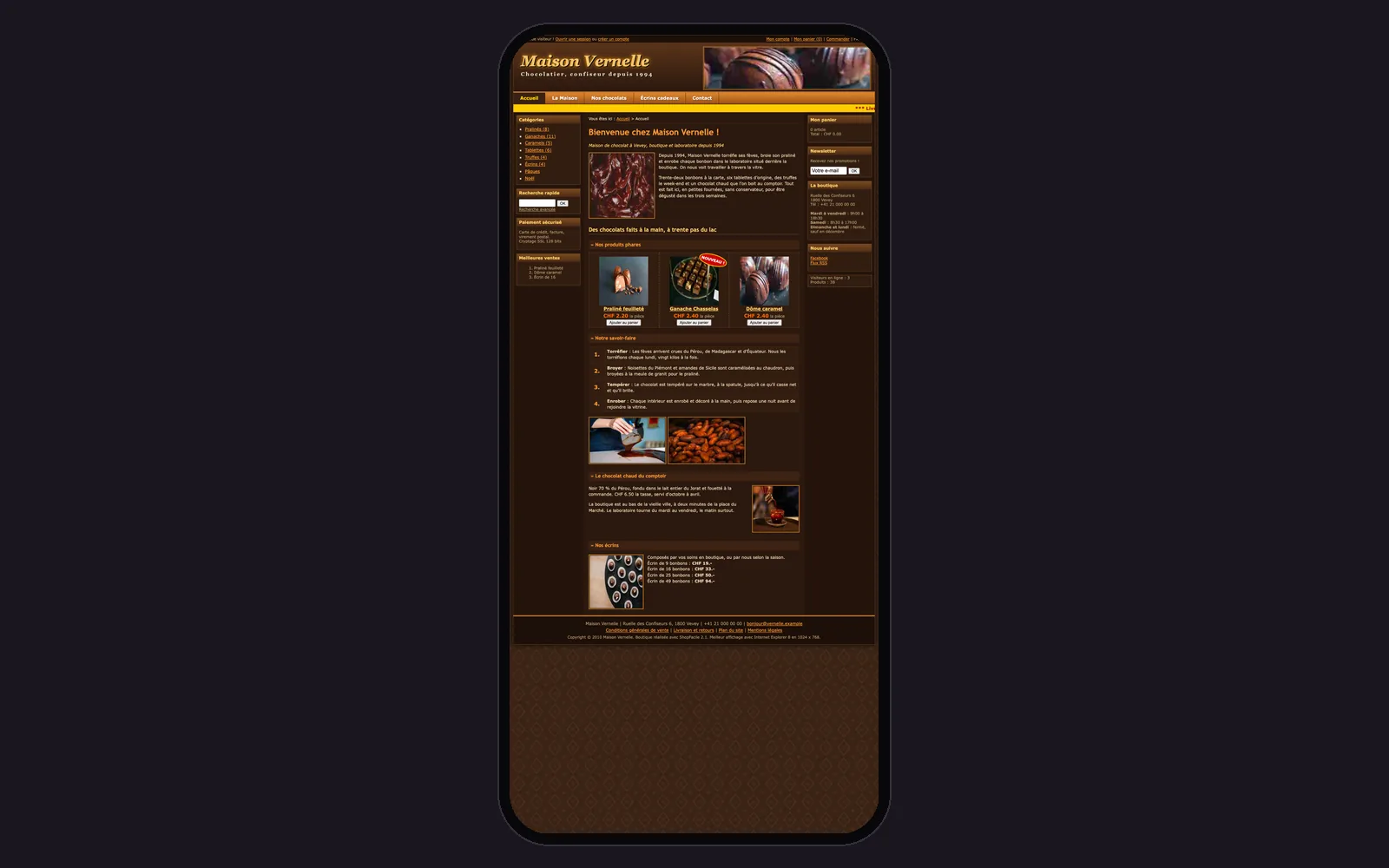 Vue « Accueil sur téléphone » du site d'origine de Maison Vernelle (chocolatier artisan, Vevey), avant la refonte, dans un cadre de téléphone