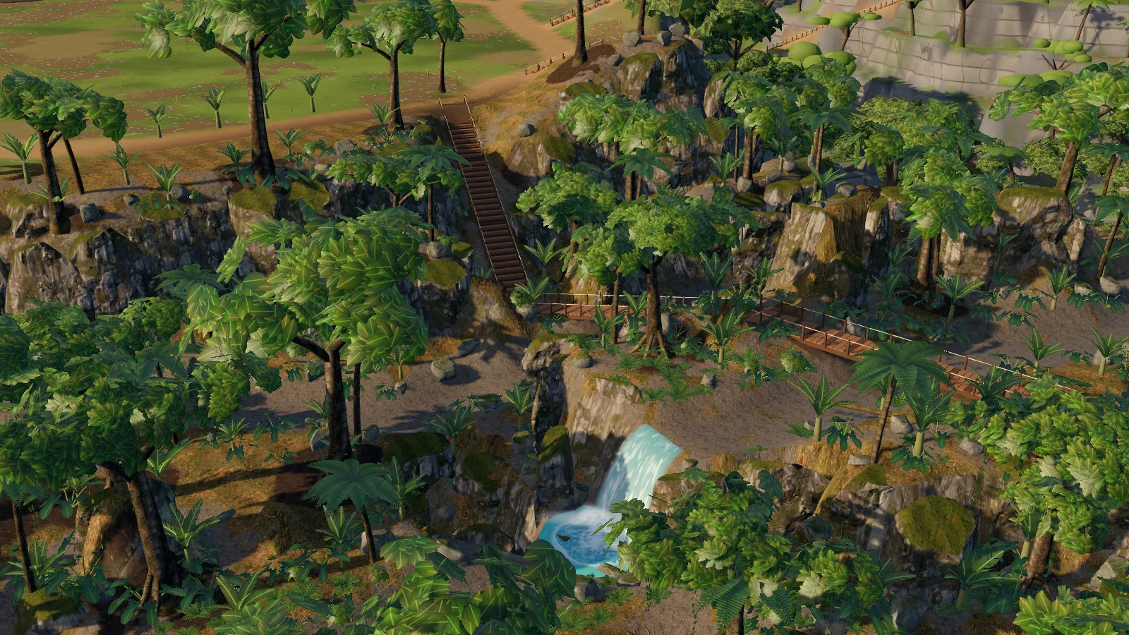 La forêt du jeu vue d'en haut, avec de grands arbres, des falaises moussues, un escalier de bois et une cascade turquoise
