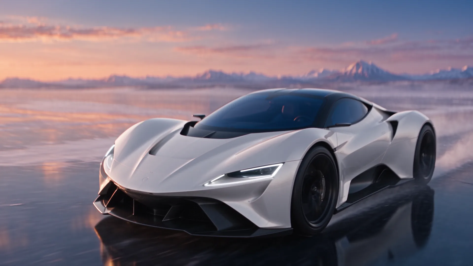 Résultat final, la supercar blanche sur la plaine de glace au coucher du soleil