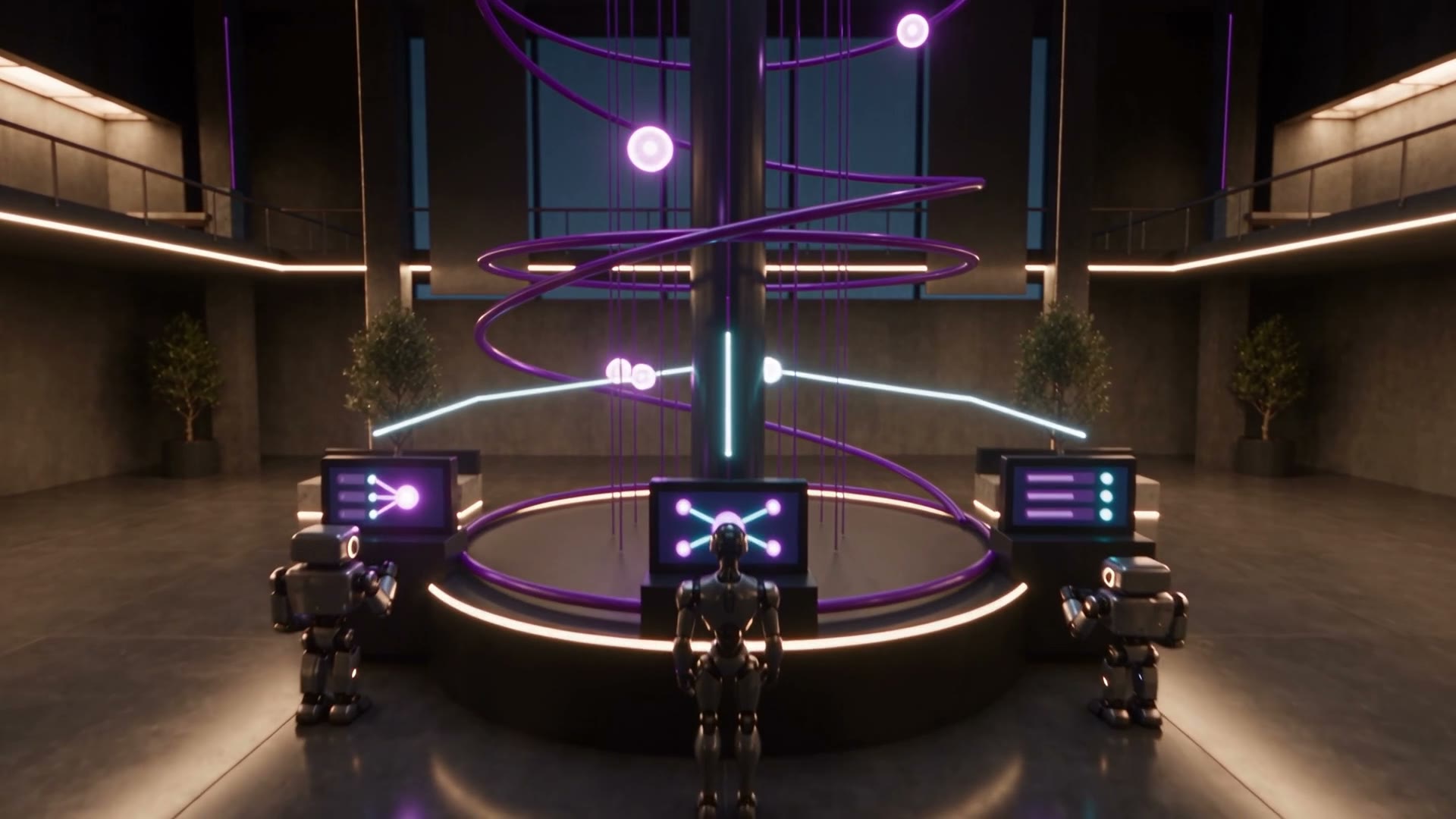 L'étape Automatisations de l'atrium, trois robots autour de la colonne lumineuse